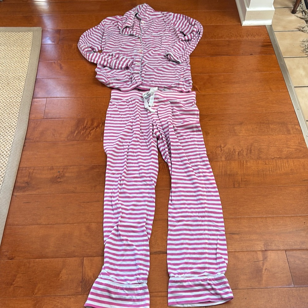 J Crew women’s 2 piece pink and white pajama set size small.